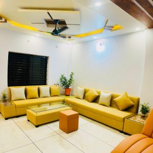 L-Shape Corner Sofa (8 Seater) Yellow Leather-Fabric | With Center & Side Tables – The Sofa Shoppe