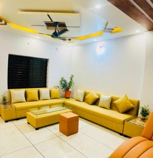 IMG-20250315-WA0003 L-Shape Corner Sofa (8 Seater) Yellow Leather-Fabric | With Center & Side Tables – The Sofa Shoppe