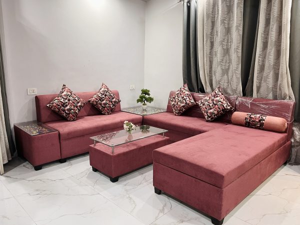 U-Shape Cherry Color Sofa Set (10 Seater) with Storage | Center & Side Tables – The Sofa Shoppe